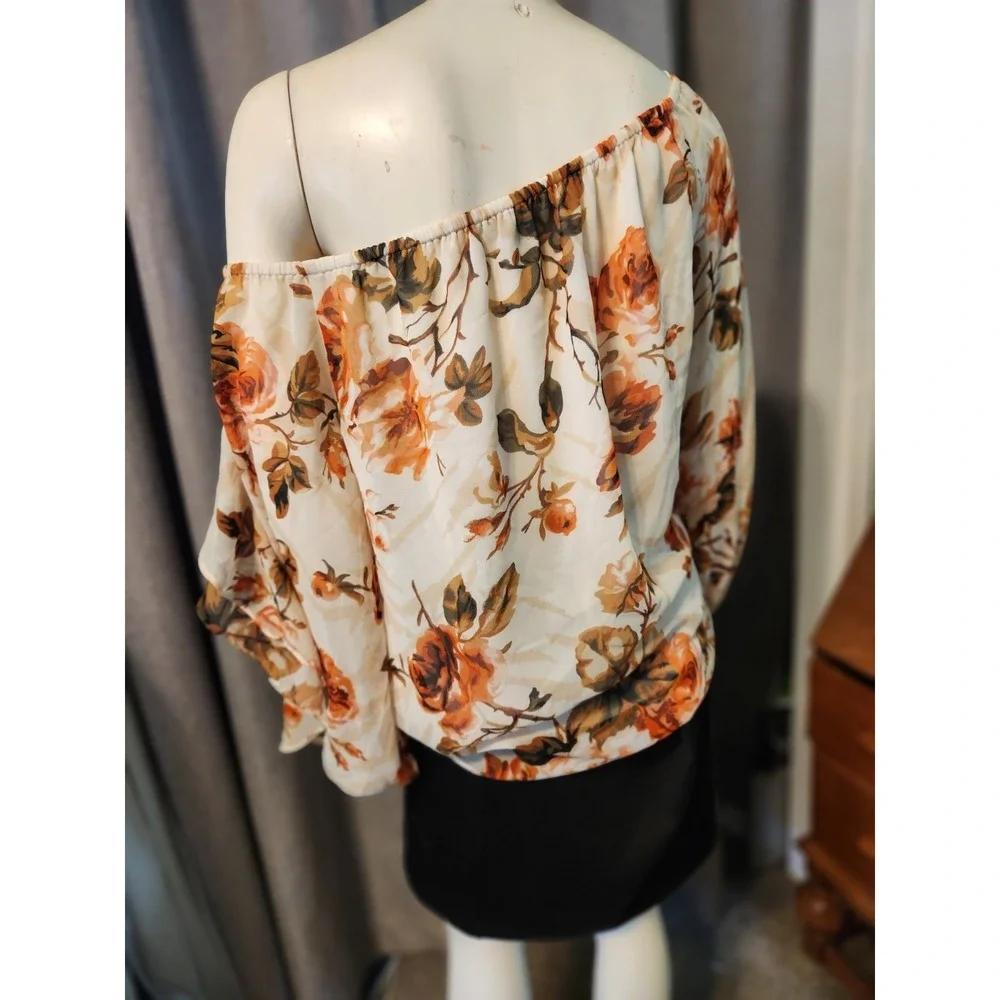WHBM Off The Shoulder Floral Ruffle Collar Balloon Sleeve Chiffon‎ Blouse Sz M